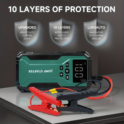 Car Jump Starter 10000A 7-in-1 Portable Battery Booster with Air Pump, Digital Tire Inflator 150PSI, LED Emergency Light for Gas & Diesel Vehicles