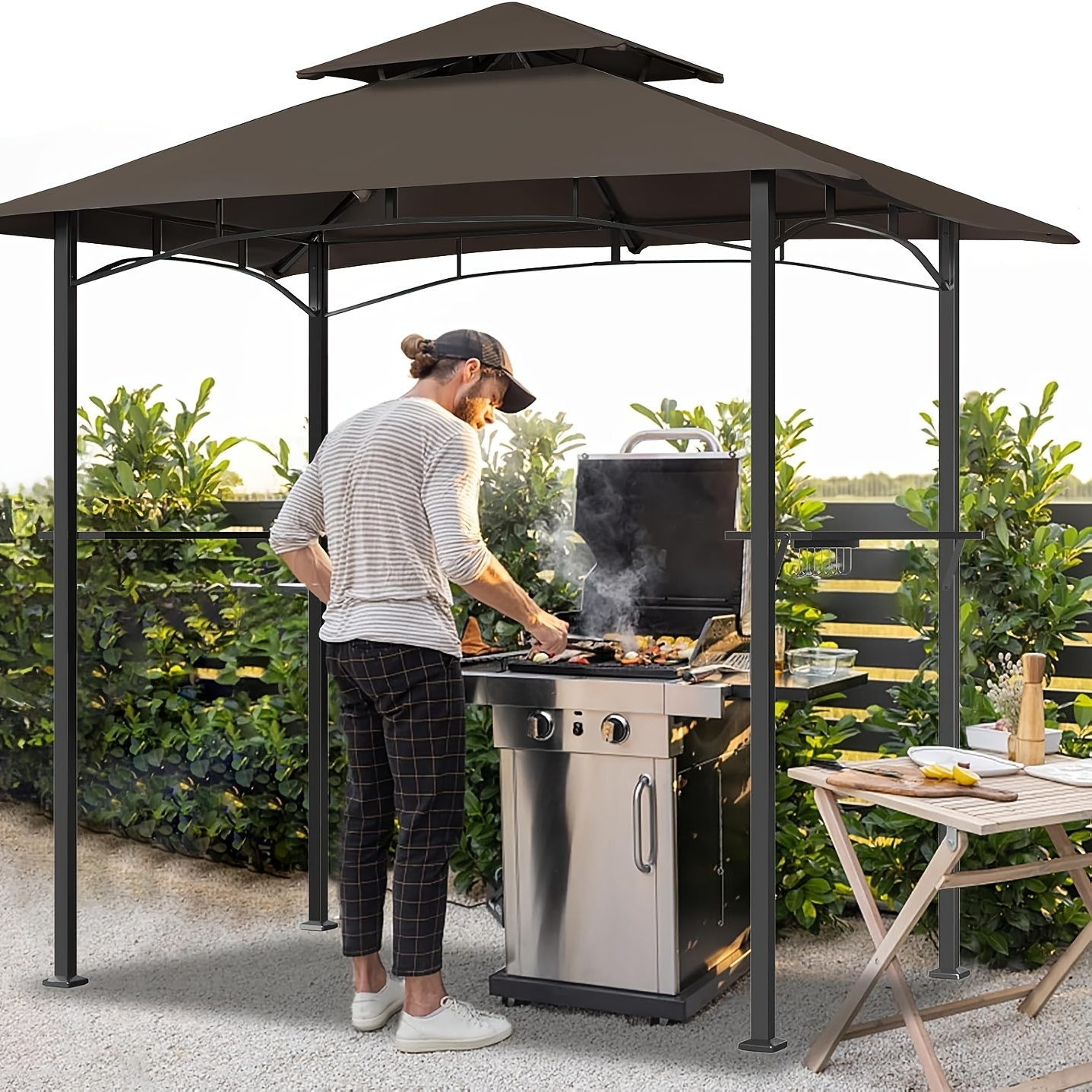 Outdoor Grill Gazebo Heavy-Duty Double-Tier BBQ Canopy UV-Resistant