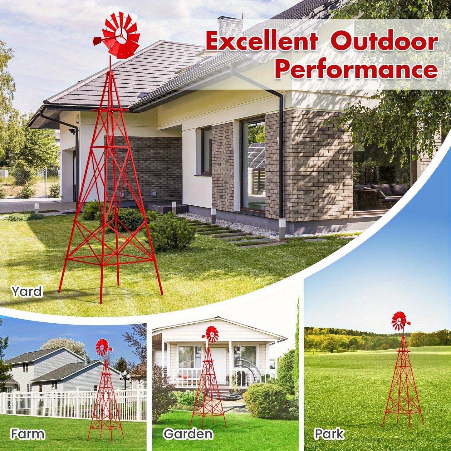 Decorative Windmill 8 ft Metal Outdoor Garden Windmill with Weathervane 4 Ground Stakes All-Weather Rust-Resistant Backyard Farm Lawn Ornament Green Gray Red