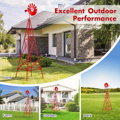 Decorative Windmill 8 ft Metal Outdoor Garden Windmill with Weathervane 4 Ground Stakes All-Weather Rust-Resistant Backyard Farm Lawn Ornament Green Gray Red