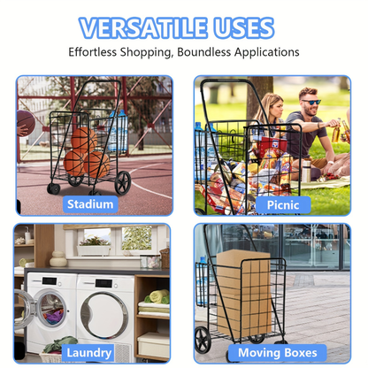 Folding Grocery Cart on Wheels Heavy Duty 132 LBS Capacity, Double Basket Shopping Cart for Groceries Laundry Foldable Utility Cart