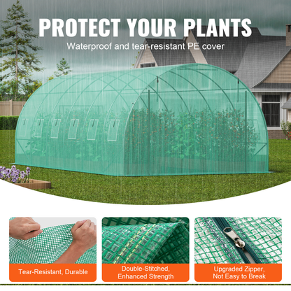 Tunnel Greenhouse Heavy Duty Galvanized Frame 140g/m² PE Cover, 6 Vent Windows Walk-In Hoop House for Garden & Farm, Multiple Sizes