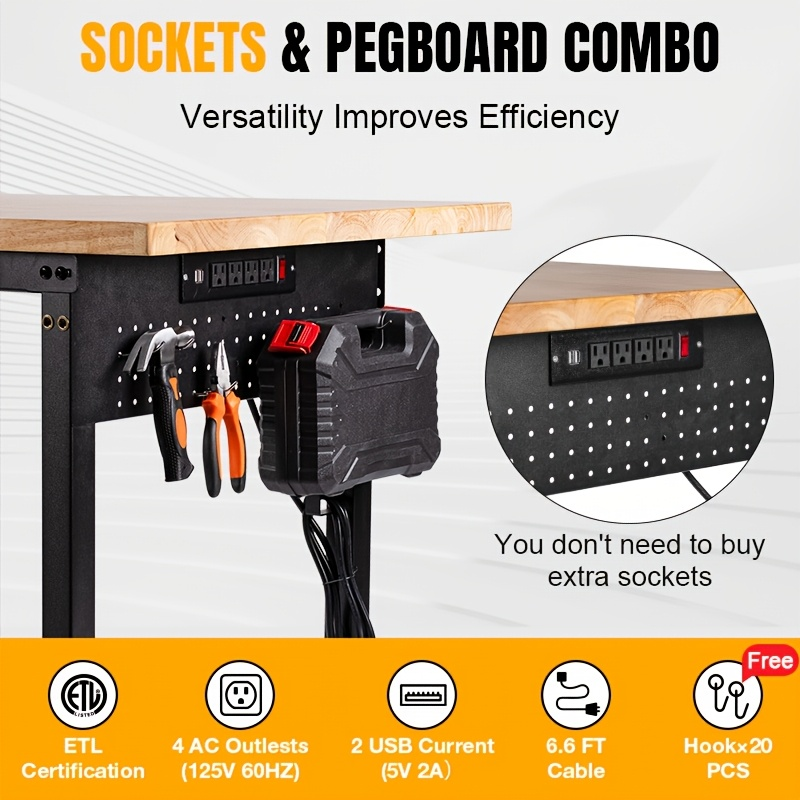 Heavy Duty Workbench Adjustable Height 28"-40", 2000LBS Capacity with ETL Power Outlet, Pegboard & Rubber Wood Top, 60"/96" Garage Workshop Bench