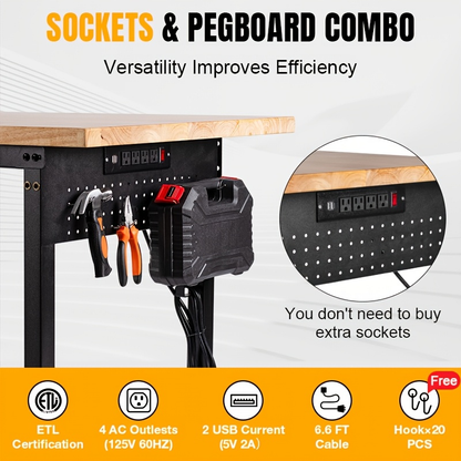 Heavy Duty Workbench Adjustable Height 28"-40", 2000LBS Capacity with ETL Power Outlet, Pegboard & Rubber Wood Top, 60"/96" Garage Workshop Bench
