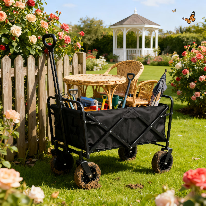 Folding Wagon Cart 360° All-Terrain Heavy Duty | Camping Beach Picnic Garden Sports Wagon with Cup Holder
