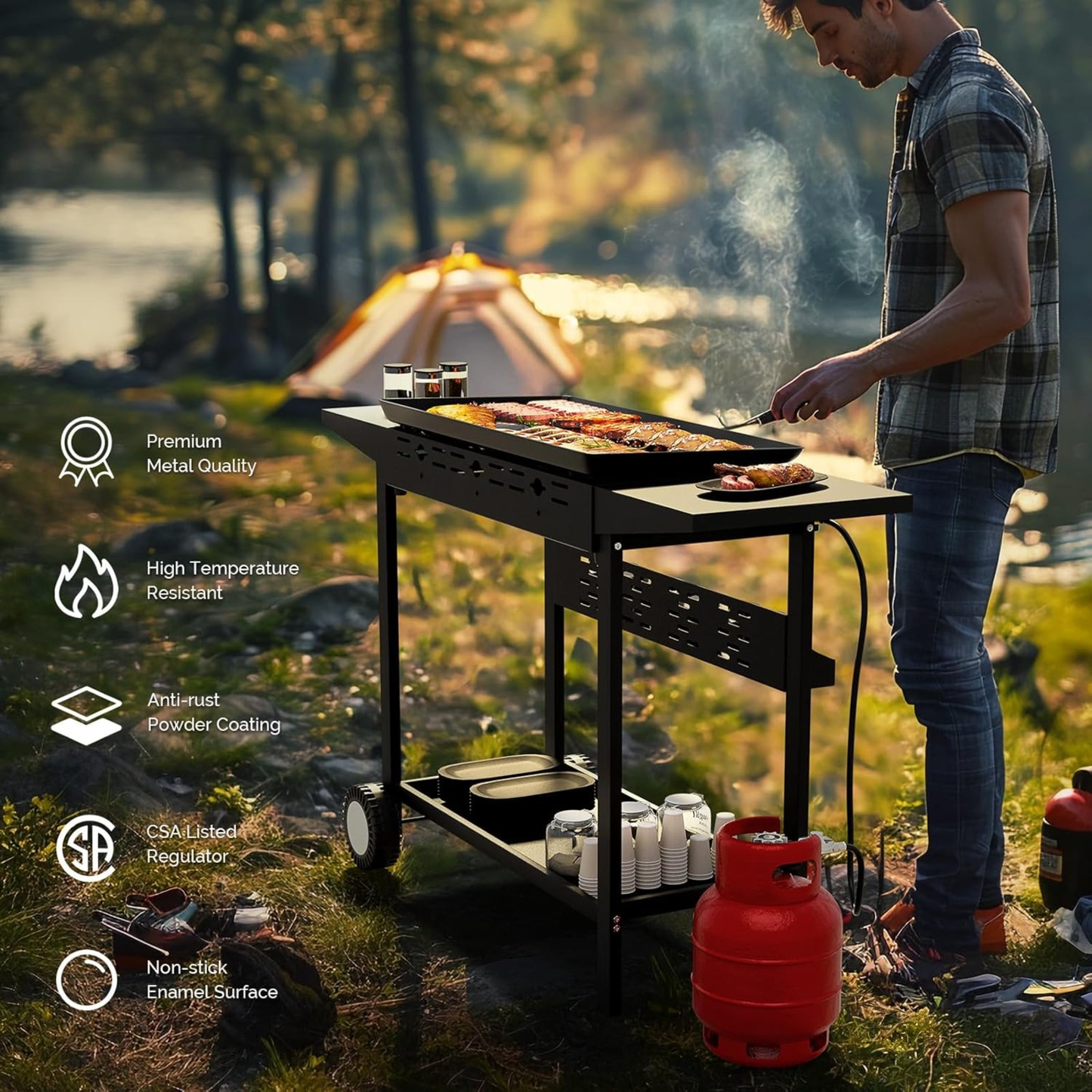 Flat Top Griddle Propane Tabletop 2 or 4 Burner, 20000 BTU Portable Gas Grill with Nonstick Enamel Tray, Piezo Ignition, 246 Sq In Cooking Surface for Camping BBQ Tailgating Backyard
