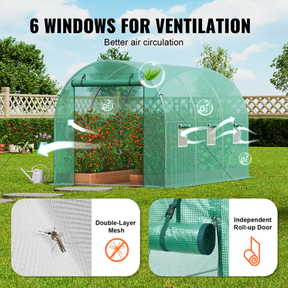 Tunnel Greenhouse Heavy Duty Galvanized Frame 140g/m² PE Cover, 6 Vent Windows Walk-In Hoop House for Garden & Farm, Multiple Sizes