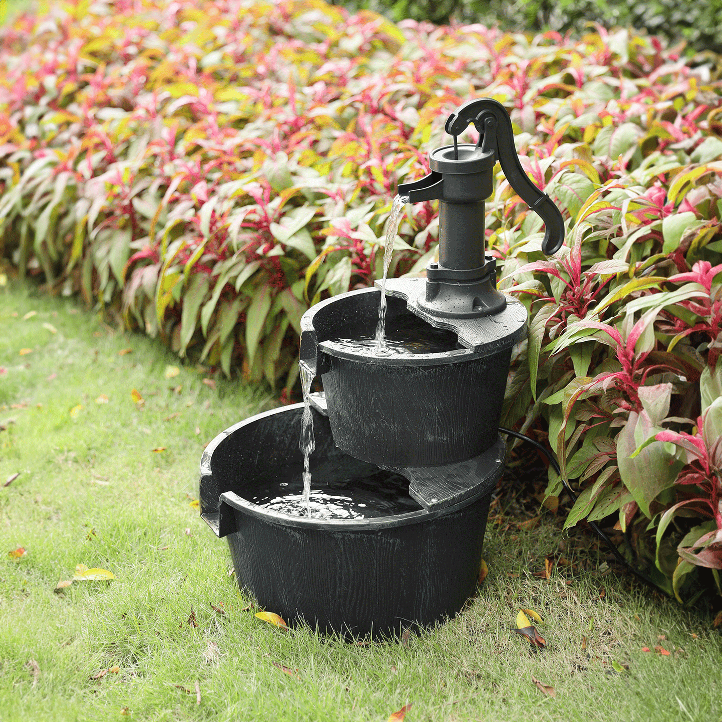 Outdoor Water Fountain 2-Tier | Barrel Waterfall Patio Garden Decor