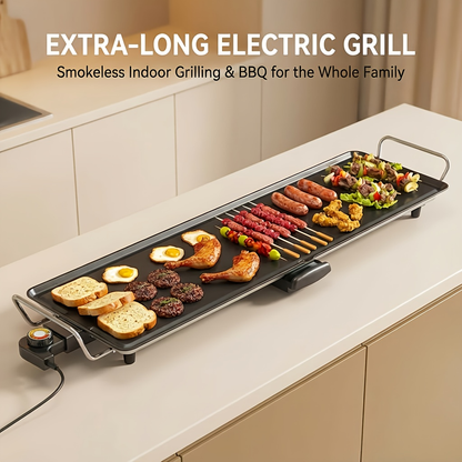 Indoor Electric Grill Smokeless – Non-Stick BBQ Griddle with Adjustable Temperature & Drip Tray, Extra-Large Extended / Medium / Large Roasting Pan, Multifunctional Indoor & Outdoor Barbecue – Holiday Gift Idea
