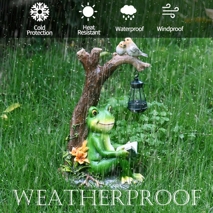 Solar Garden Frog Reading Statue Light, Resin Outdoor Lawn Decor, Yard & Patio Ornament, Auto On/Off LED, Whimsical Garden Gift