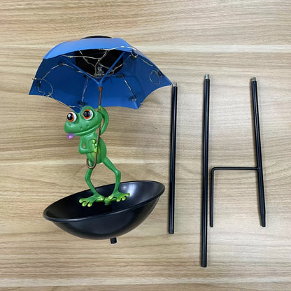 Solar Frog Statue Garden Light with Bird Feeder & LED String Decor
