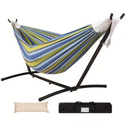 Double Hammock with Steel Stand 450 lbs Heavy Duty Portable Outdoor Indoor Carry Case Head Pillow No Assembly Camping Patio Backyard Multiple Colors