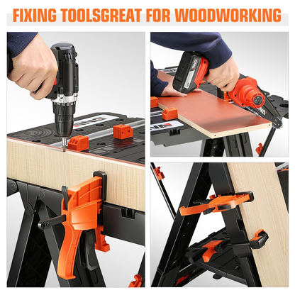 Portable Workbench 2-in-1 Folding Work Table & Sawhorse, 31"x25" Heavy-Duty Foldable Workbench with Clamps, Connecting Blocks & Tool Tray for Woodworking