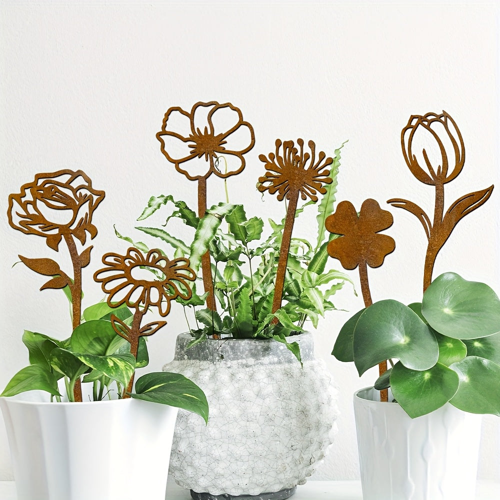 Garden Stakes Rusty Flat Metal | Rose Dandelion Patio Flower Pot