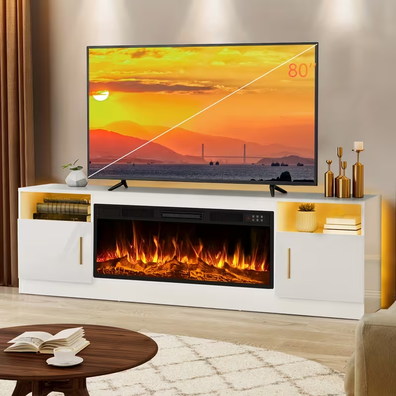 TV Stand with Fireplace 70 Inch for TVs up to 80" 36" Electric Fireplace LED Light Entertainment Center Highlight Storage Cabinet Modern Wood Media Console