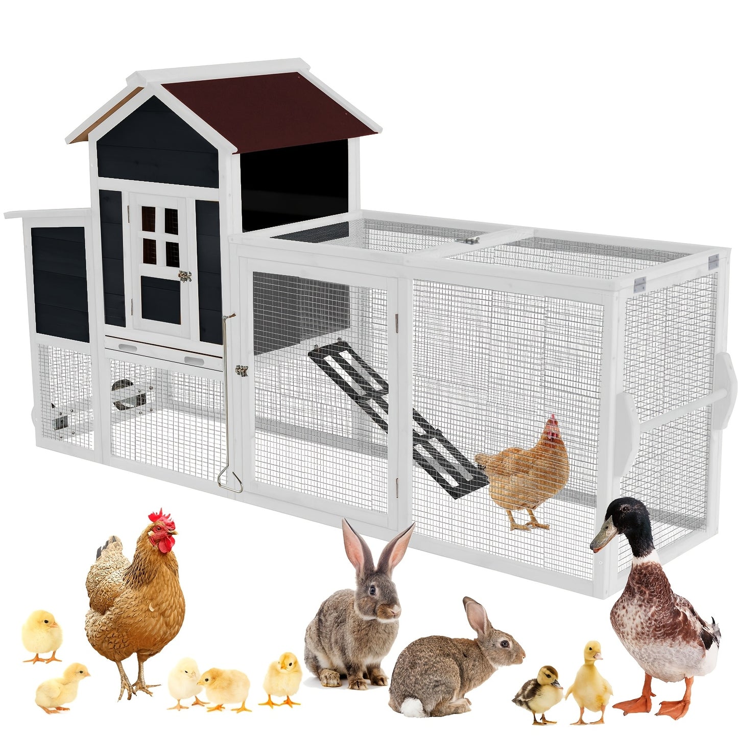 Chicken Coop with Run Large Outdoor Wooden Hen House 82 Inch Walk-in Poultry Cage for 2-4 Chickens Ducks Rabbits with Nesting Box Removable Tray Wheels