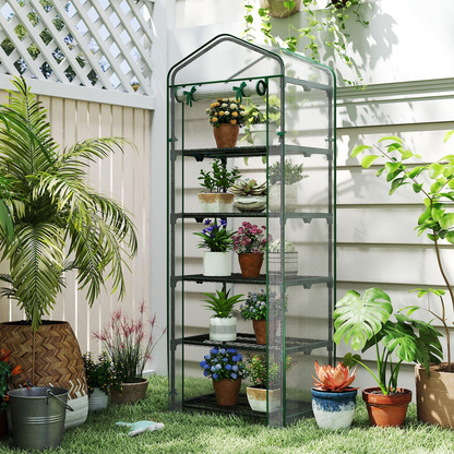 5-Tier Grow House Mini Greenhouse 27"x19"x75" with PE Grid Cover, Rustproof Electro-Coated Frame & Zippered Door, Space-Saving Indoor Outdoor Plant Shelter for Herbs & Seedlings