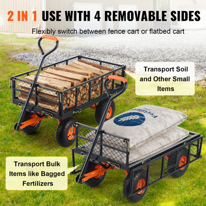 Garden Dump Cart 880LBS Convertible Flatbed Utility Wheelbarrow with 2-in-1 Handle, Removable Side Panels, Mesh Cover & 10" Rubber Tires – 400/600/880 LBS
