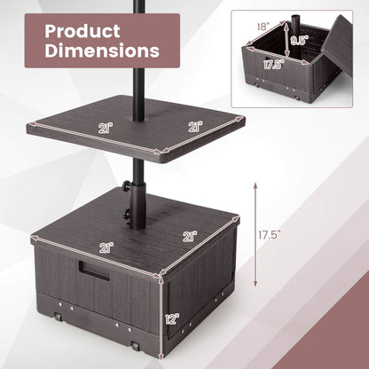 Patio Umbrella Base 3-in-1 Fillable 175 lbs with Table Tray & Planter Box Wheeled Stand Fits 1.5"/1.9" Poles 6-10 ft Market Offset Umbrellas HDPE Brown