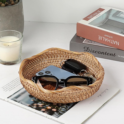 Rattan Tray Bowl - 8.5 Inch Hand Woven Natural Wicker Basket Tray for Fruit, Bread, Keys, Tabletop Decor, Kitchen, Entryway & Living Room