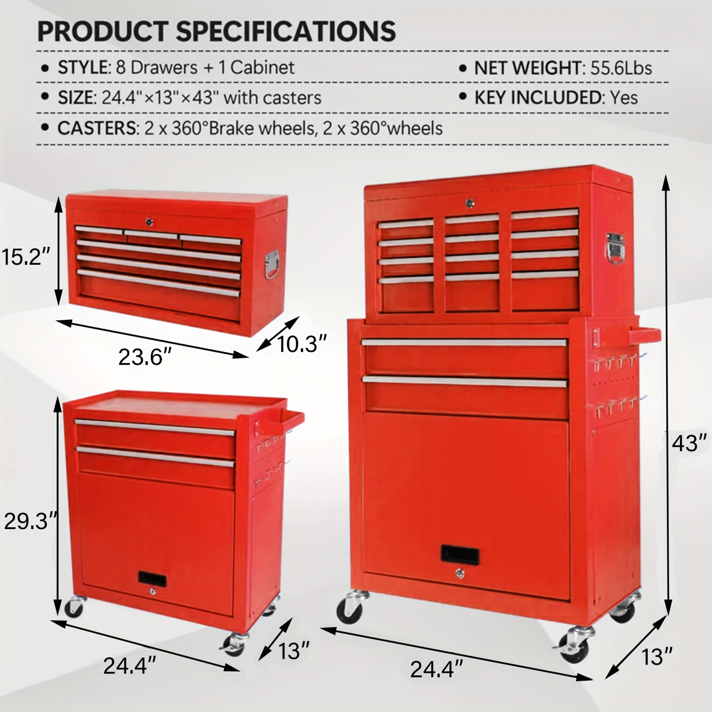 Rolling Tool Chest 8-Drawer Alloy Steel 2-in-1 Mobile Workbench Detachable Top Lockable Wheels Garage Storage Cabinet Tool Organizer for Workshop Home