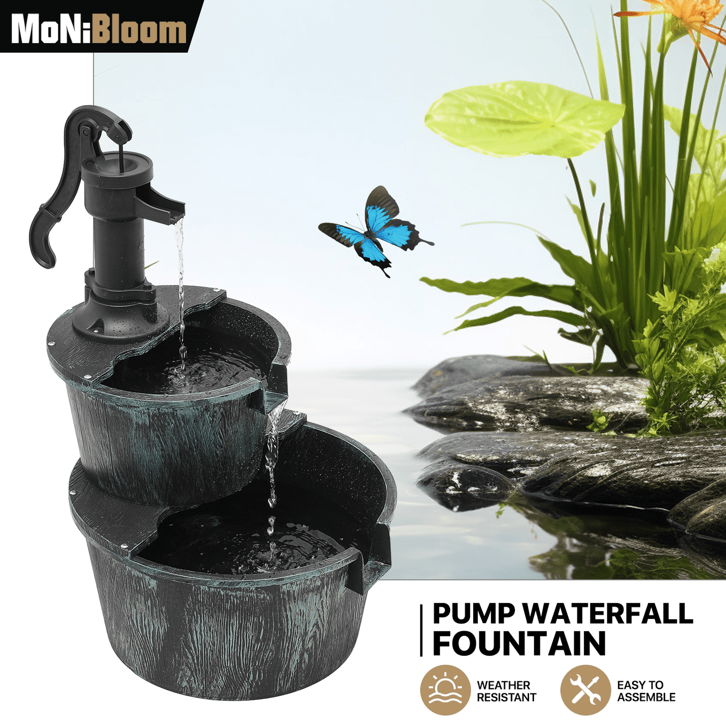Outdoor Water Fountain 2-Tier | Barrel Waterfall Patio Garden Decor