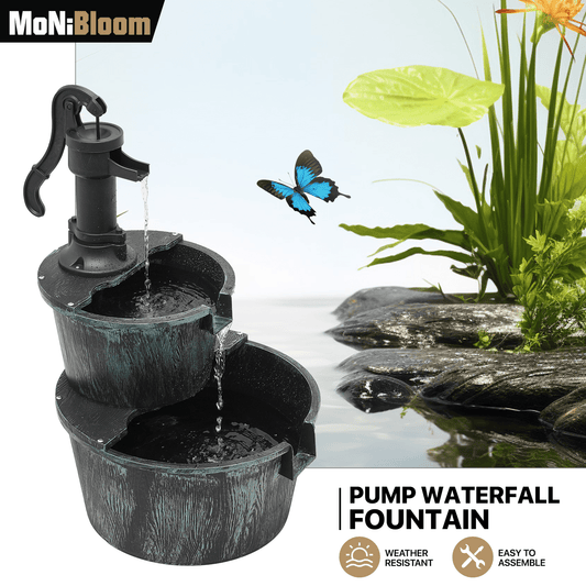Outdoor Water Fountain 2-Tier | Barrel Waterfall Patio Garden Decor