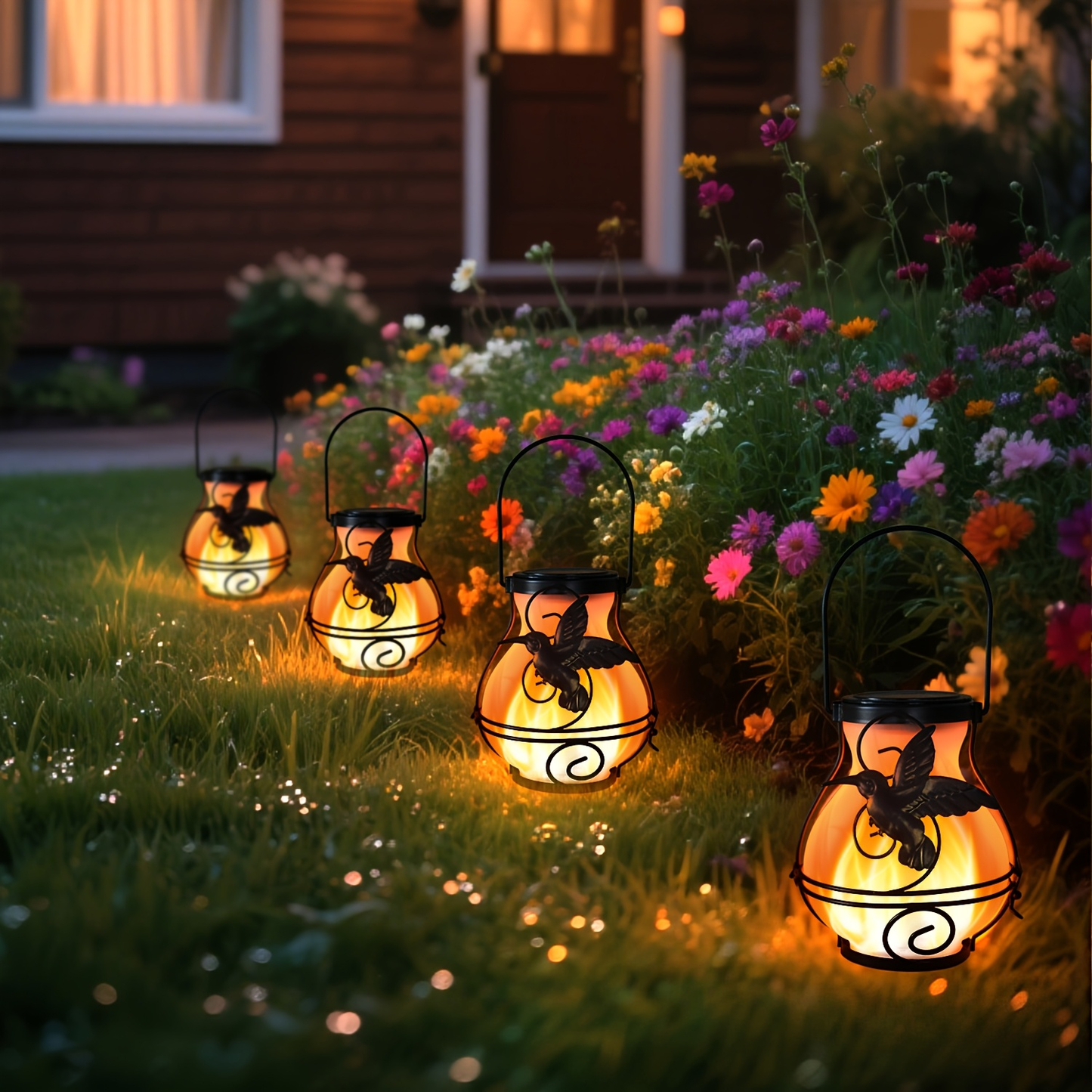 Solar Hummingbird Flame Torch Lights Outdoor Waterproof IP44 Hanging Flickering Garden Lanterns Patio Yard Pathway Decor Stake Lights