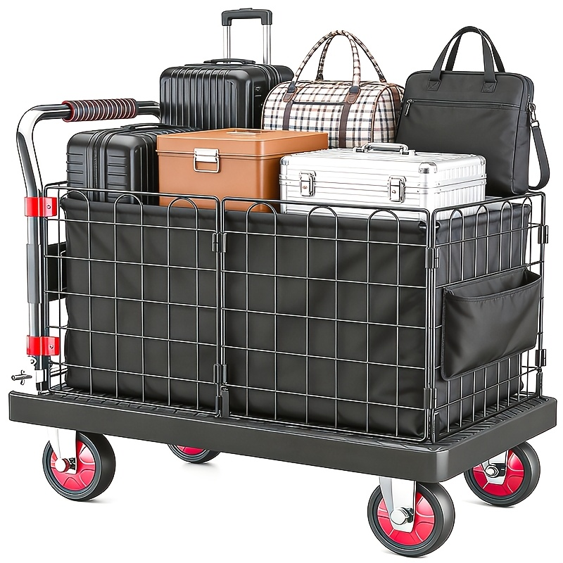 Folding Platform Cart with Removable Cage & Silent Wheels, 400-900 lbs Capacity, Anti-Skid Deck, Telescopic Handle for Moving, Warehouse and Storage