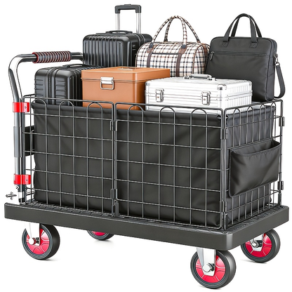 Folding Platform Cart with Removable Cage & Silent Wheels, 400-900 lbs Capacity, Anti-Skid Deck, Telescopic Handle for Moving, Warehouse and Storage