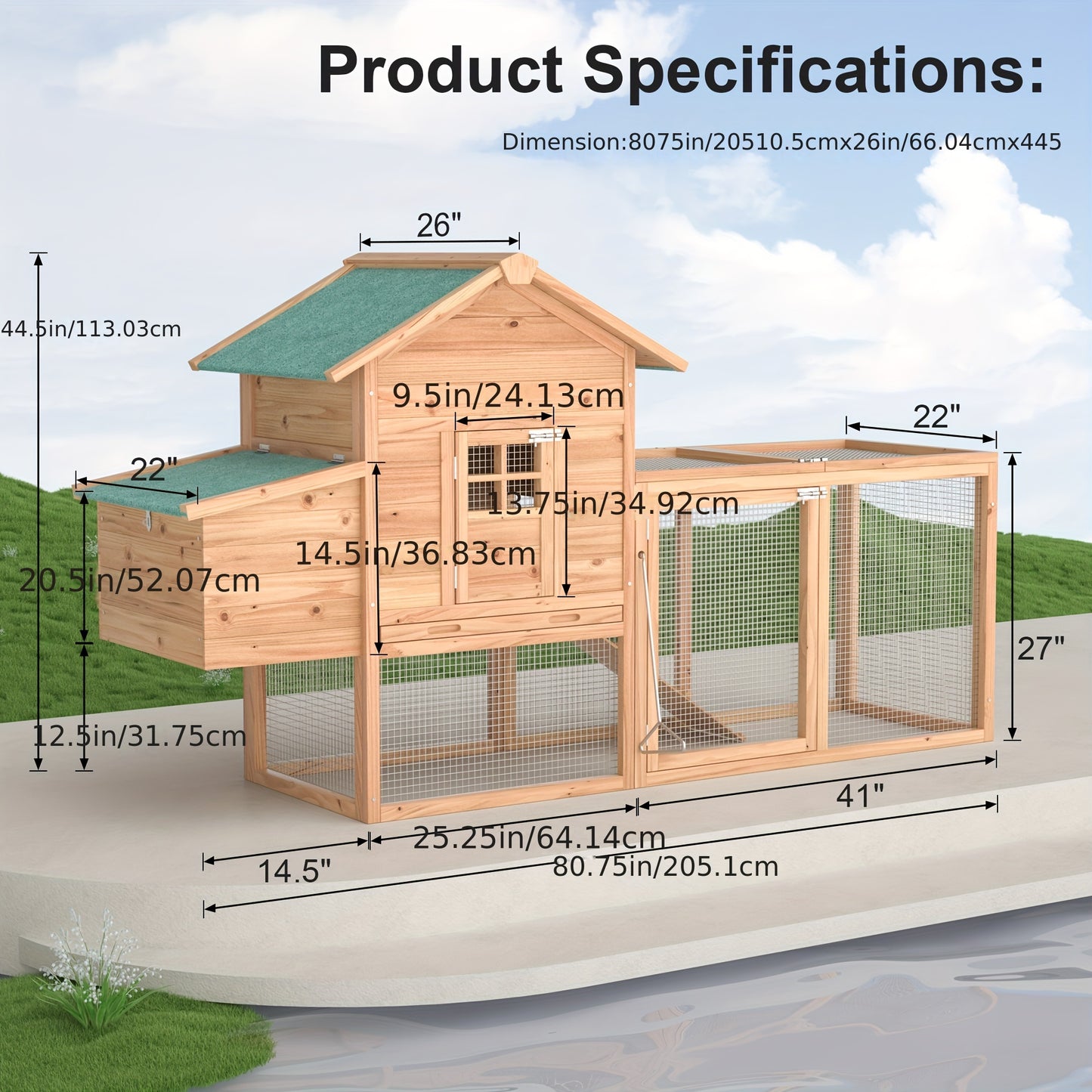Wooden Rabbit Hutch Outdoor Chicken Coop with Run Nesting Box Ramp Sliding Tray Asphalt Roof Fir Wood 80.7 Inch for 2-4 Chickens Ducks Guinea Pigs Weather-Resistant