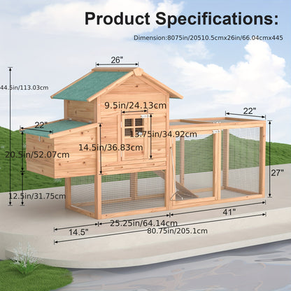Wooden Rabbit Hutch Outdoor Chicken Coop with Run Nesting Box Ramp Sliding Tray Asphalt Roof Fir Wood 80.7 Inch for 2-4 Chickens Ducks Guinea Pigs Weather-Resistant