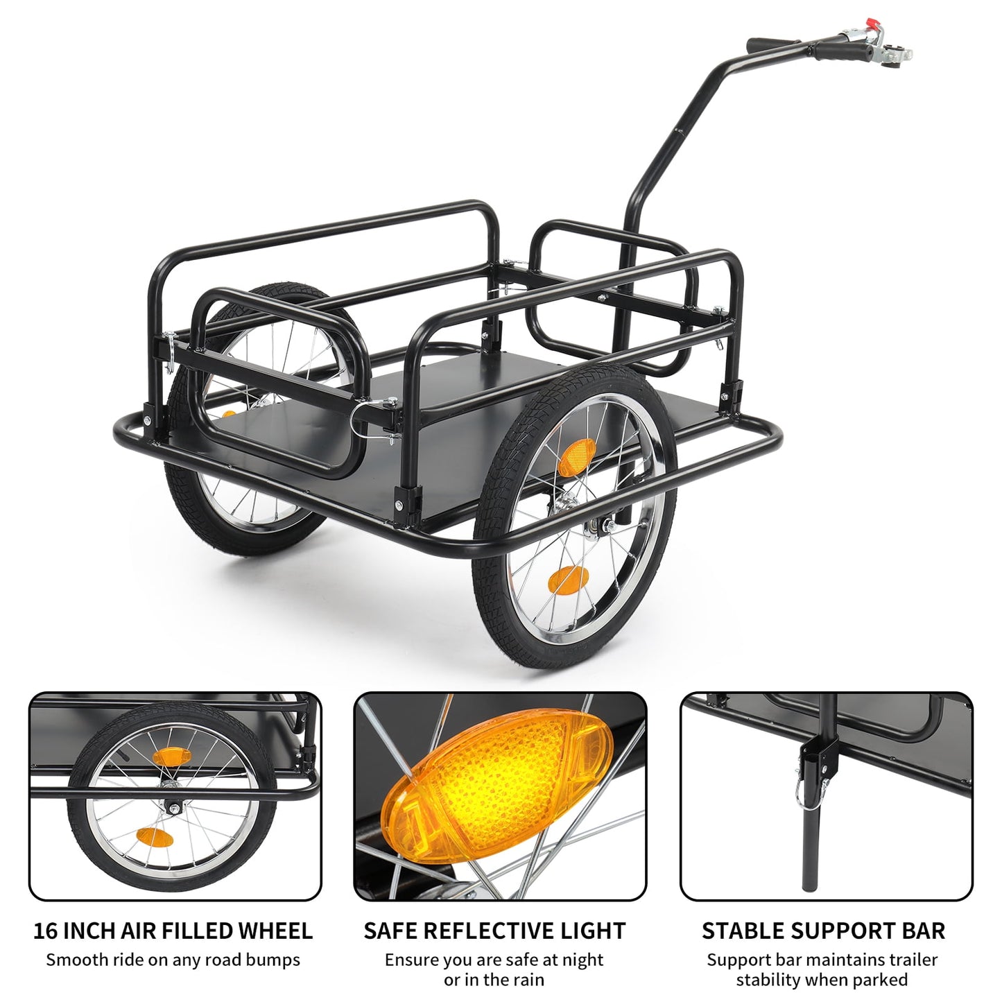 Bike Cargo Trailer Foldable Heavy Duty 16-Inch Inflatable Wheels Detachable Walls Flatbed Bicycle Wagon for Groceries Luggage Pets Commuting