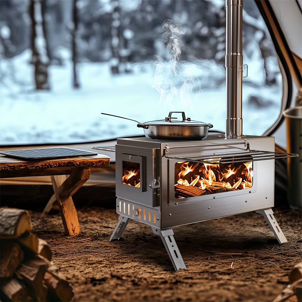 Wood Burning Stove Portable Camping Tent Stove with 7 Detachable Chimney Pipes, Stainless Steel, Adjustable Height, Fire-Resistant Window, Ash Tool & Carry Bag