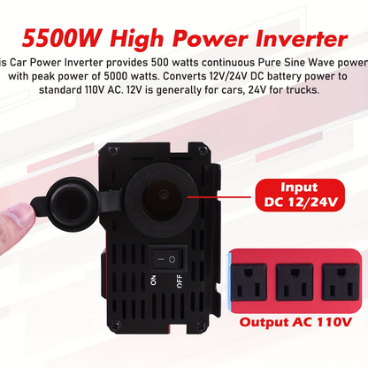 DC to AC Inverter 4000W 5500W 6500W 16000W Peak DC 12V to AC 110V High Power Car Inverter with USB Ports US Sockets Cooling Fan Overload Protection for RV Truck Outdoor Emergency