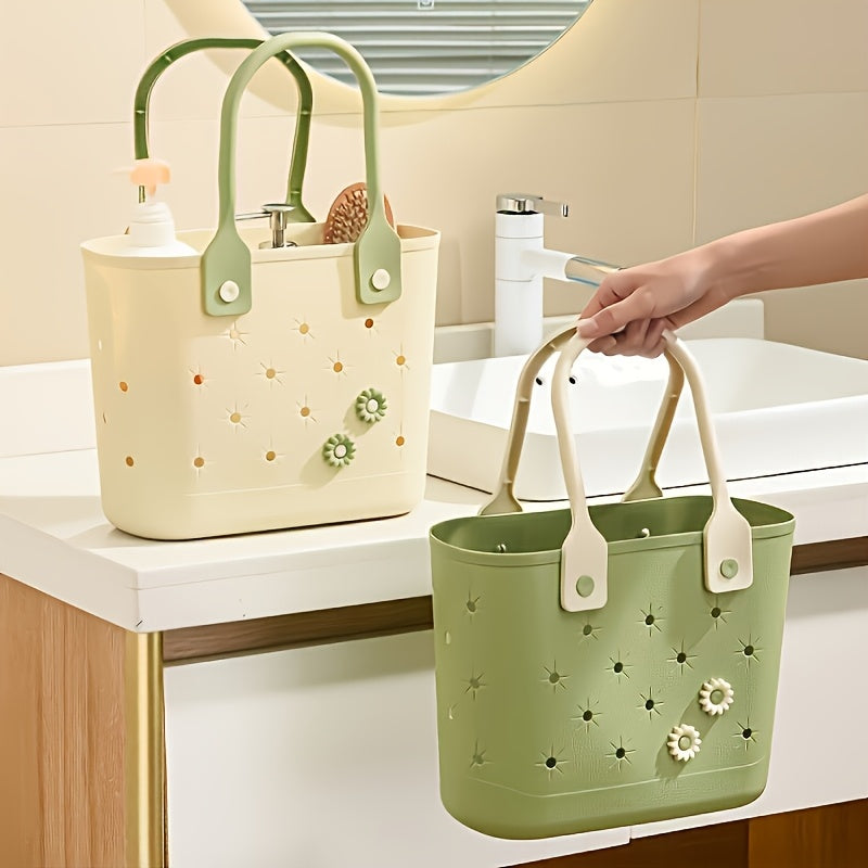 Rubber Tote Bag 2pcs Floral Pattern Beach Bag with Soft Handles Multipurpose Reusable Storage Bag for Bath Shopping Camping Home Travel Organizer