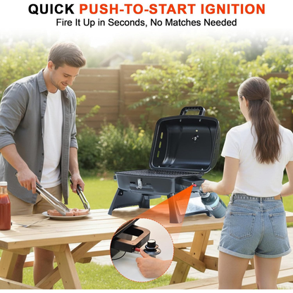 Portable Propane Grill Tabletop, 10000 BTU Single Burner Gas Grill with 239 sq in Porcelain Grates, Foldable Legs, Locking Lid & Built-In Thermometer for Camping, Backyard & Tailgating