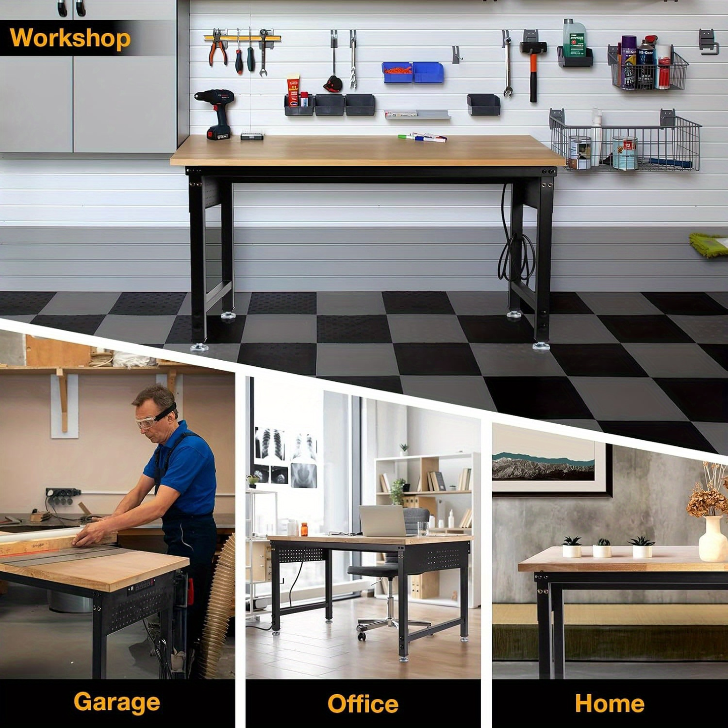 Heavy Duty Workbench Adjustable Height 28"-40", 2000LBS Capacity with ETL Power Outlet, Pegboard & Rubber Wood Top, 60"/96" Garage Workshop Bench