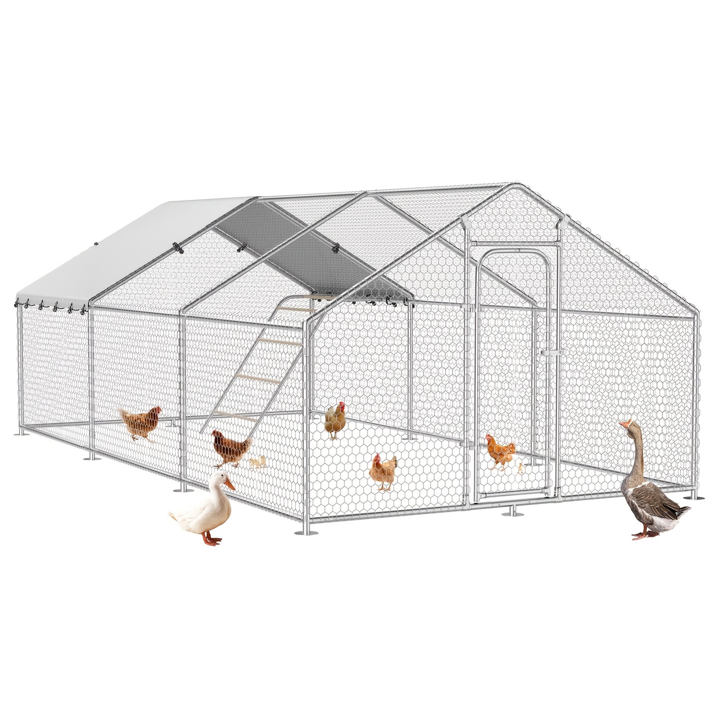 Dog Kennel Outdoor Large Metal Walk-in Chicken Run Pen Poultry Cage with Anti-UV Cover Movable Rack or Dolly 2 Sizes for Farm Backyard Chickens Dogs Rabbits