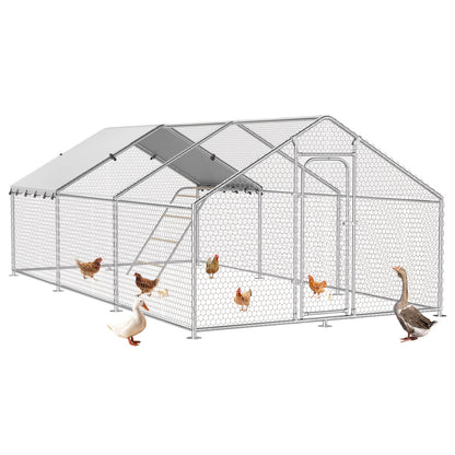 Dog Kennel Outdoor Large Metal Walk-in Chicken Run Pen Poultry Cage with Anti-UV Cover Movable Rack or Dolly 2 Sizes for Farm Backyard Chickens Dogs Rabbits