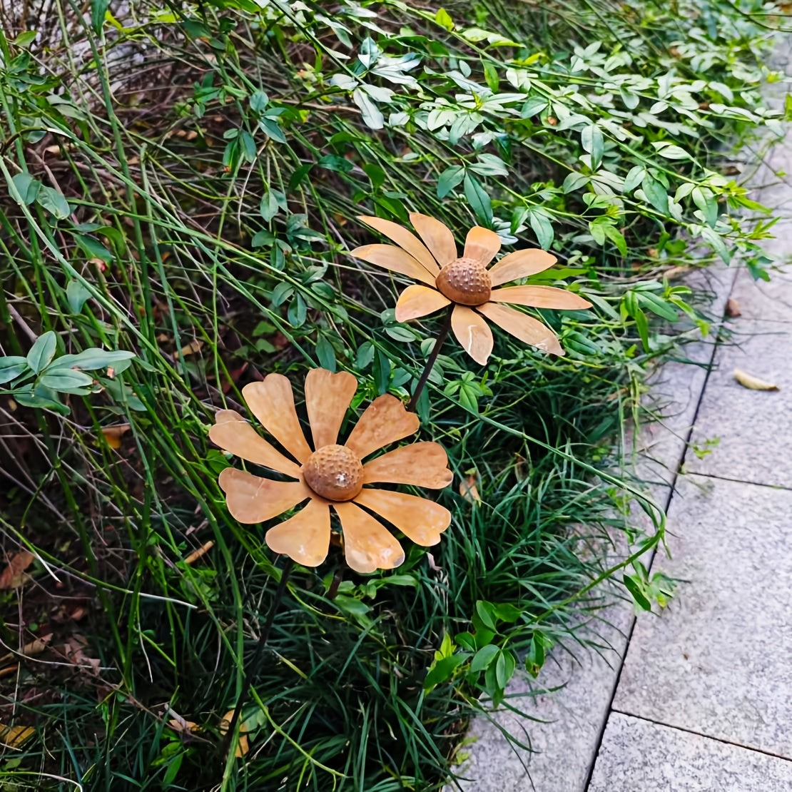 Metal Flower Garden Stakes | Rusty Daisy Chamomile Outdoor Yard Art