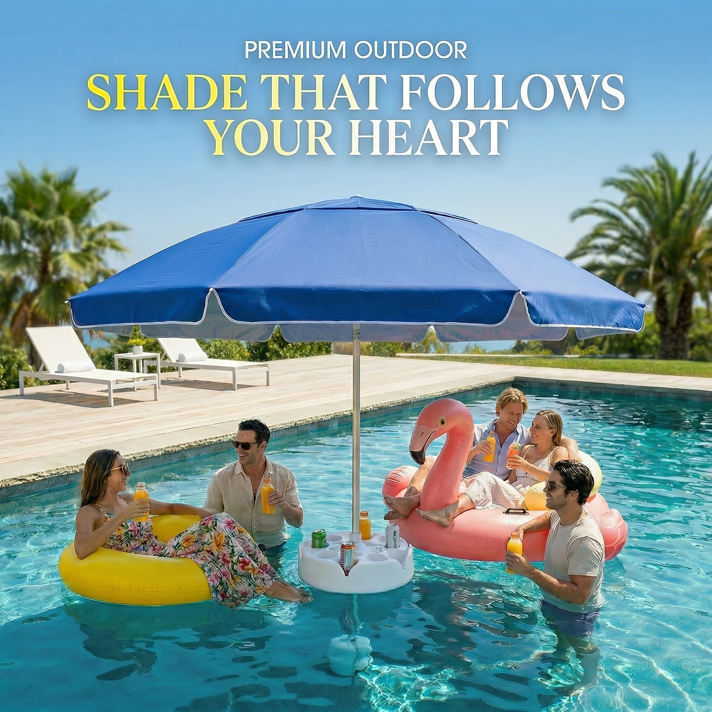 Pool Umbrella 7ft Floating for In-Pool Use, Portable Sun Shade with Base, Cup Holder & Carry Bag, UV Protection Sun Shelter for Swimming Pool, Beach & Lake, Blue
