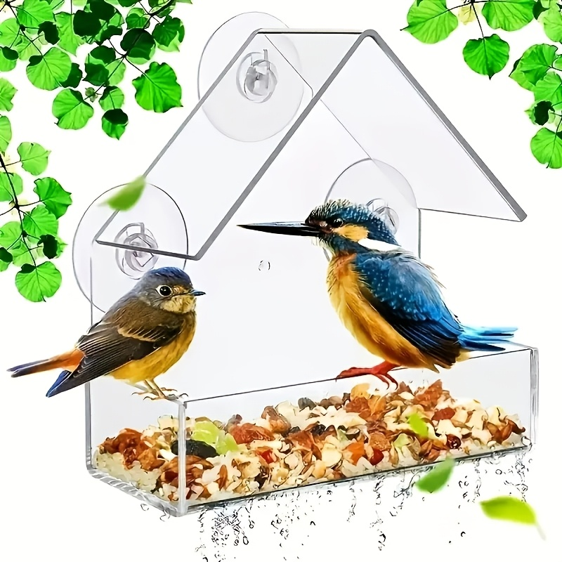 Bird Feeder Window Mount Clear Acrylic Seed Dispenser with Strong Suction Cups - Weatherproof All Season Outdoor Indoor Bird Watching Tray for Finches Sparrows Chickadees Songbirds Nature Lover Gift