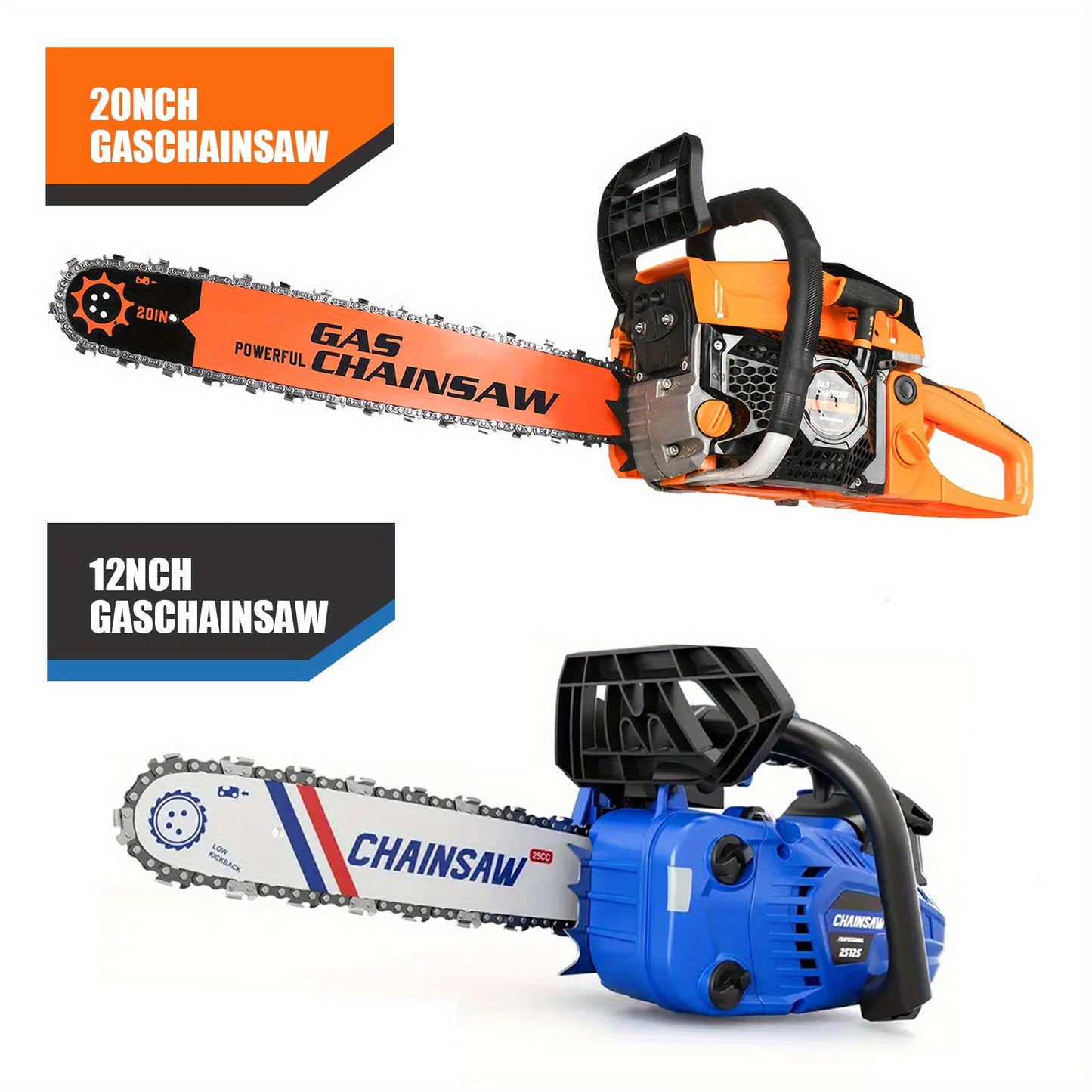 Gas Chainsaw Set – 12-Inch 25CC Pruning Saw & 20-Inch 62CC Heavy-Duty Log Cutting Chainsaw, Choose by Need