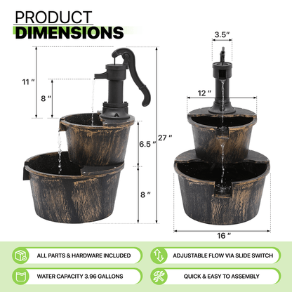 Outdoor Water Fountain | 2-Tier Barrel Waterfall Patio Garden Decor