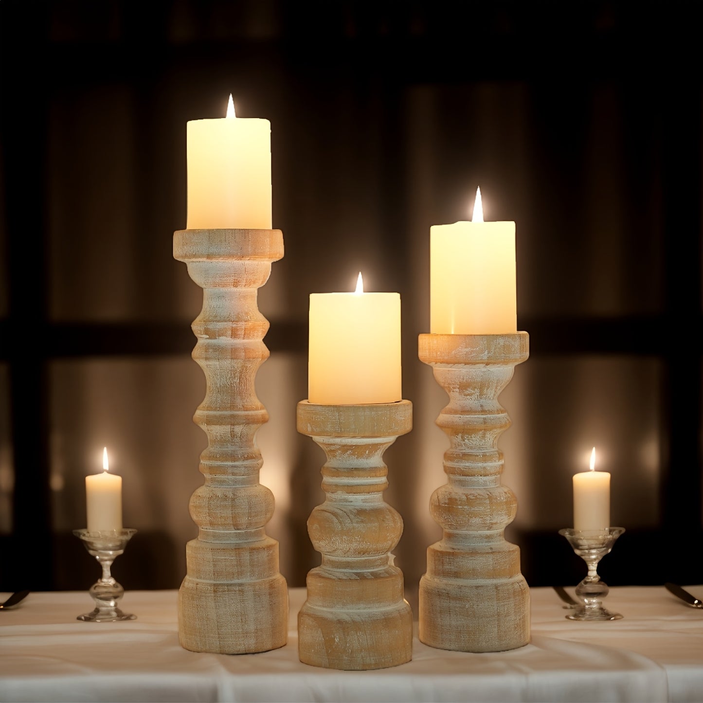 Pillar Candle Holders Set of 3 Rustic Farmhouse Wood Brown Centerpiece Table Fireplace Mantel Coffee Table Home Decor Gift