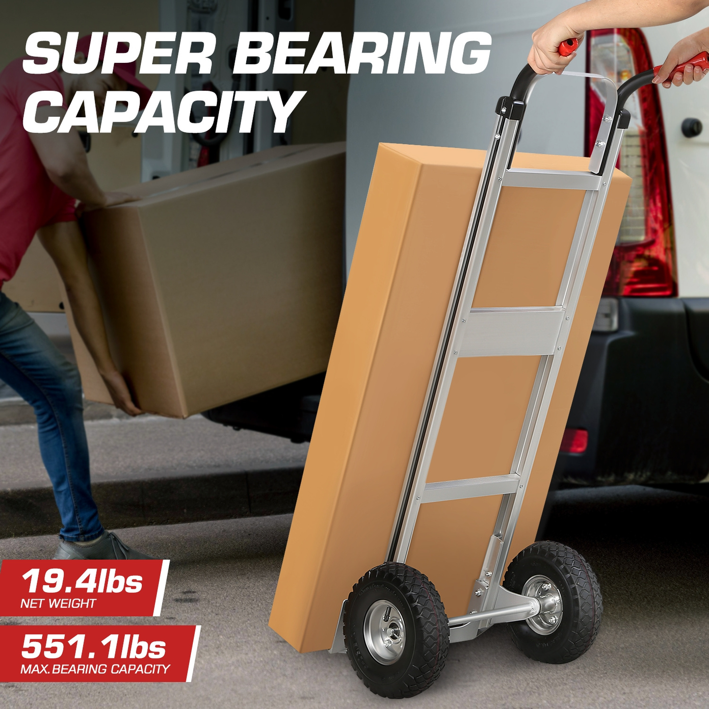 Heavy Duty Aluminum Hand Truck 550 lbs Capacity, Foldable Dolly Cart with 10-Inch Pneumatic Tires for Home, Workshop, Office and Warehouse