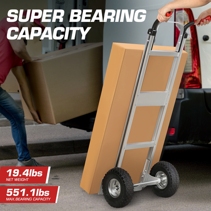 Heavy Duty Aluminum Hand Truck 550 lbs Capacity, Foldable Dolly Cart with 10-Inch Pneumatic Tires for Home, Workshop, Office and Warehouse