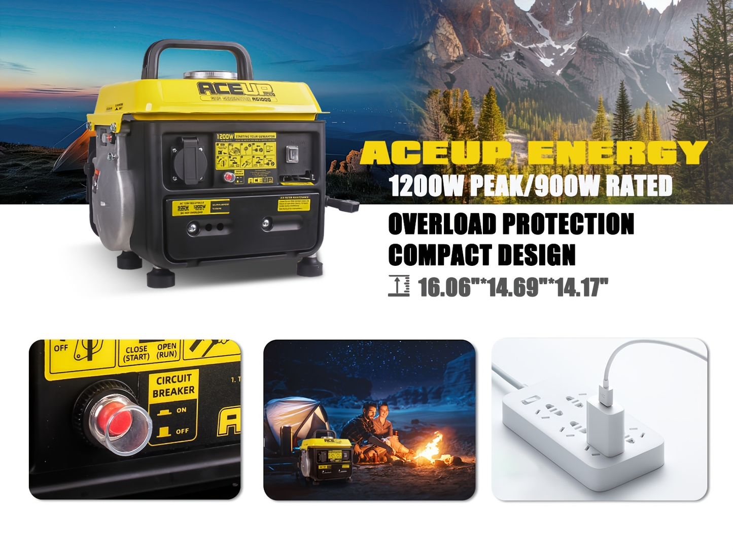 Gas Generator 1200W Portable Compact Ultralight - 900W Running 1200W Peak, 2-Stroke 71CC Engine, 6Hr Runtime, EPA & CARB Compliant, Recoil Start for Camping, Outdoors & Home Backup