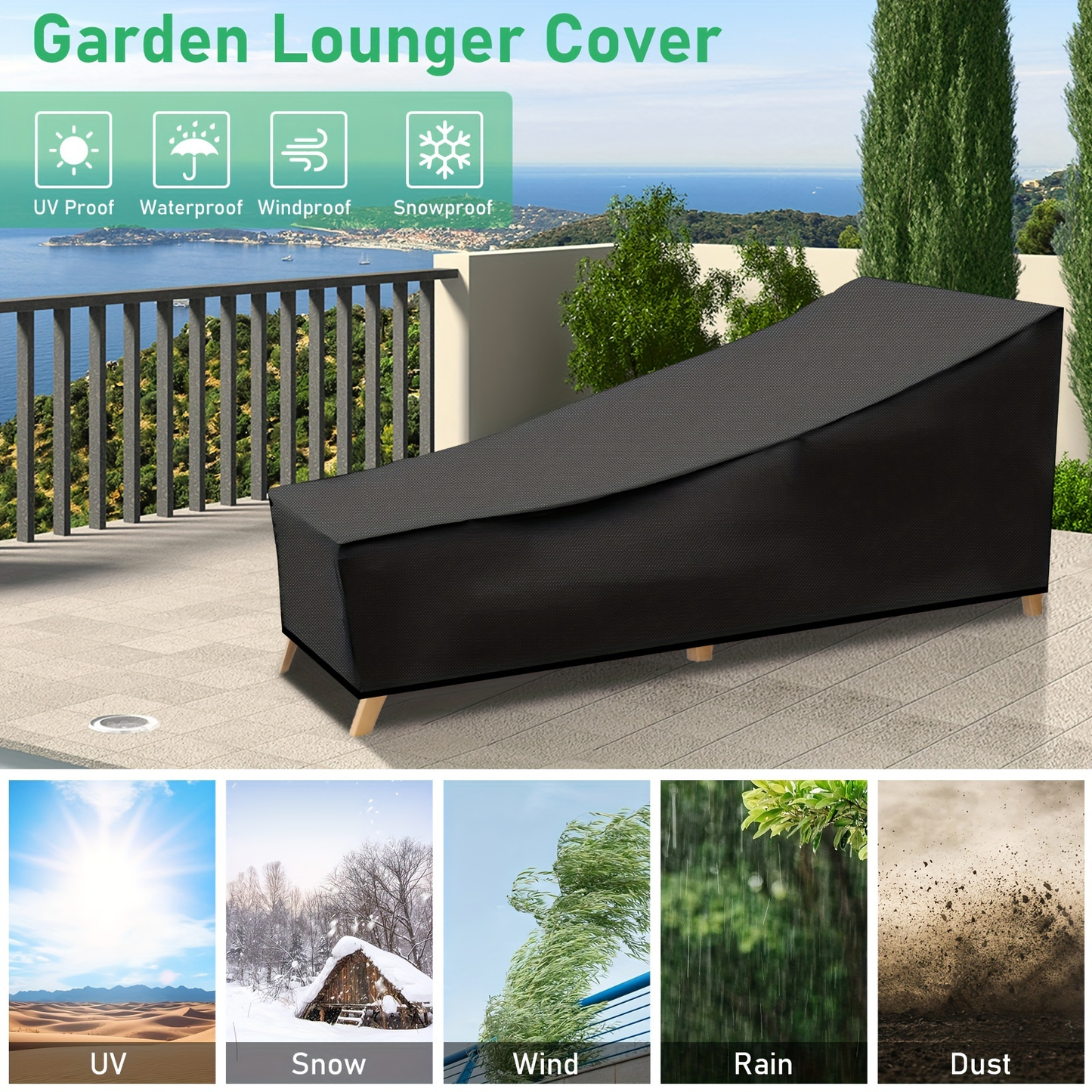 Patio Chaise Lounge Cover Waterproof UV Resistant 210D Oxford Heavy Duty Outdoor Lounge Chair Protector with Windproof Drawstring for Garden Yard Deck – Dust Rain Snow Protection